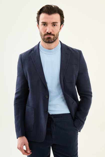 Plain Slim Fit Mono Collar Pocket 100% Linen Men's Jacket Navy Blue - 41487.26Y