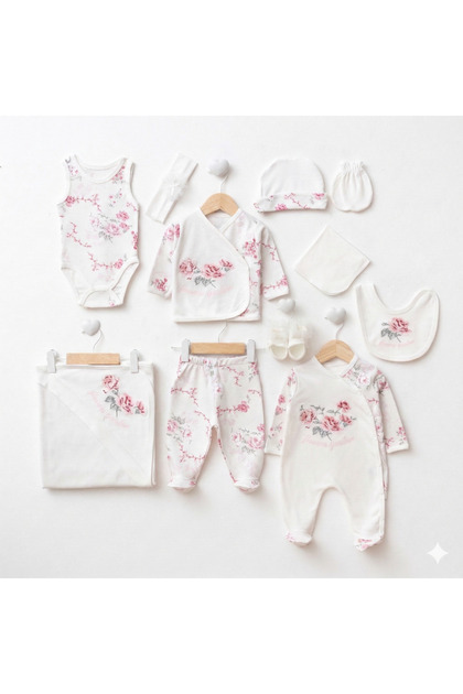 100% Cotton 10-Piece Newborn Baby Girl Hospital Discharge Set Floral Print Mevlüt Set Ecru