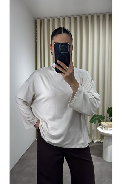 High Collar Oversize Flowy Stone Blouse
