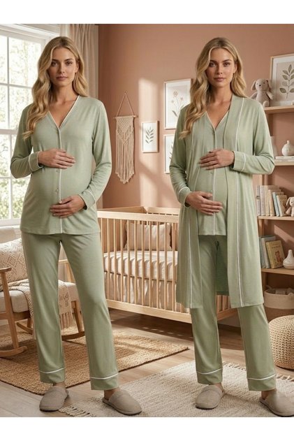 New Season Green Long Sleeve Buttoned Design 100% Cotton Maternity Pajama Set
