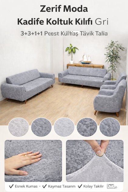Velvet Seat Cover Set 3+3+1+1 Non-Slip Full-Fit Sofa Bed Cover with Stretchy Elastic Bands