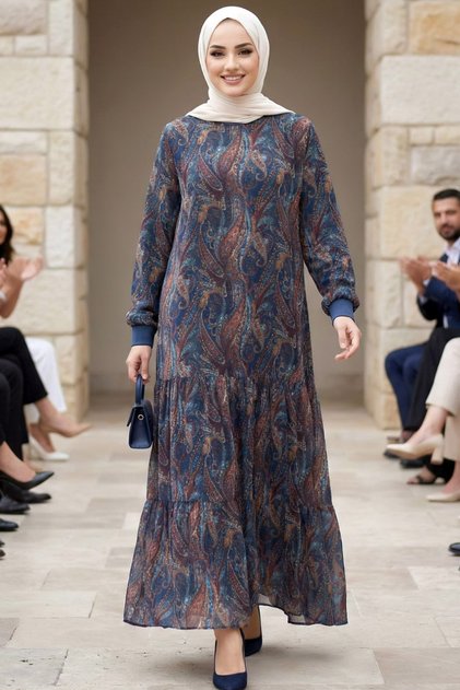 Relaxed Fit Rahat Sıfır Bisiklet Yaka Uzun Kol Etnik Desen A-Line Günlük Astarlı Şifon Elbise