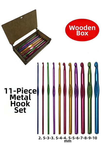 Metal Handle Crochet Set Combed Cotton - Macrame Knitted Crochet 2.5-3-3.5-4-4.5-5-6-7-8-9-10 Mm 11 Pieces (WOODEN BOXED)