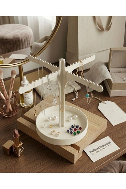 Jewelry Stand with Tray & Jewelry Organizer - White Modern Necklace Hanger and Ring Holder Organizer