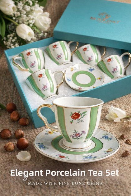 Royking 6-Piece Coffee Cup Set Minimal Floral Print Green White Porcelain with Gold Gilt