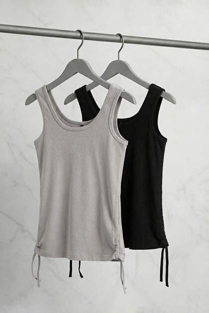 Black-Gray 2-Pack Gathered Sides Plus Size Tank Top Tbbss25Cv00002