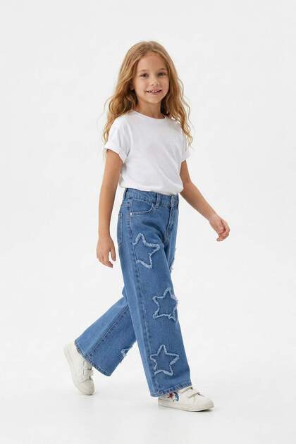 Blaue Mädchen-Jeanshose mit weitem Bein und Sternmuster aus 100 % Baumwolle mit elastischem Bund TKDAW25PL00001