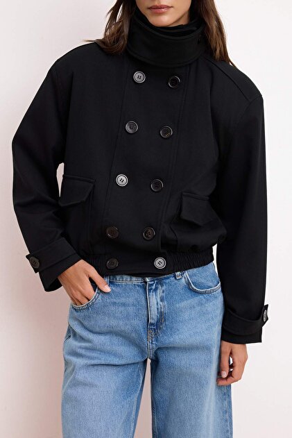 Trendyolmilla Siyah Oversize Kalıp Vatkalı İnce Mont