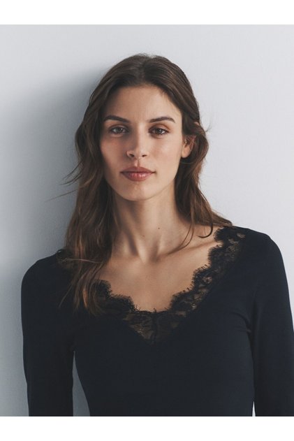 Women's V-Neck Lace Detailed Long Sleeve Transparent Blouse
