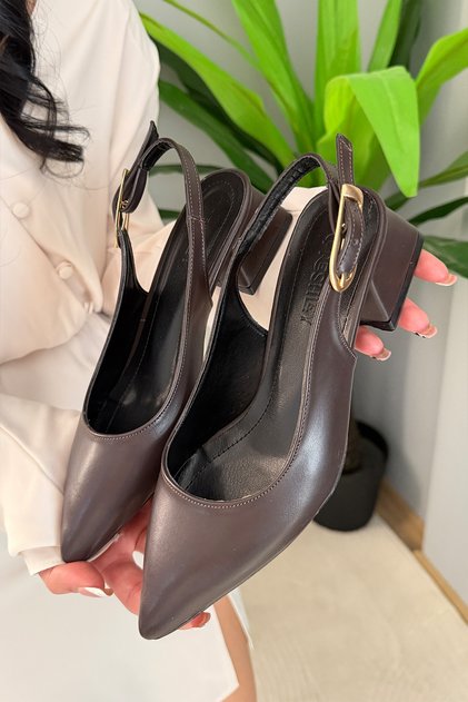 Women's Sole Brown Leather Short Heeled Open Back Shoes