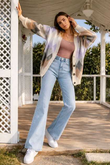 Ela 90's Mavi Kar Yıkama Likralı Süper Yüksek Bel Salaş Paça Jeans Palazzo Pantolon