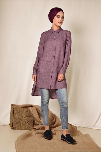 Asymetric Cut Linen Tunic with Pocket 4985