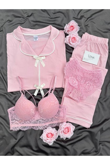 Pink Underwear Front Bow Detail Pajama Set