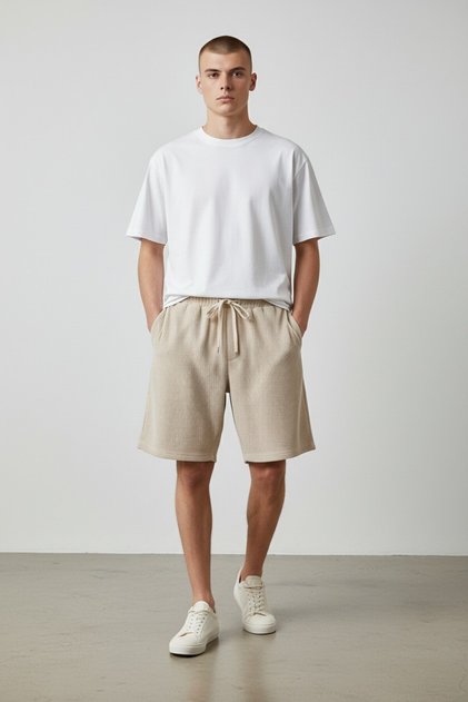Men's Beige Patched Ottoman Shorts