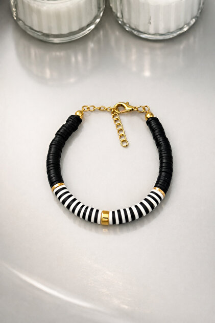 Black and White Fimo Bracelet | Gold Detailed Bead Bracelet