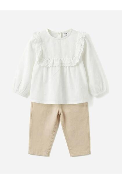 Ruffled Baby Girl Gabardine Blouse and Pants (S6)