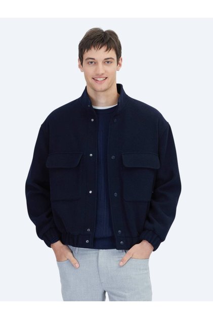 Navy Blue Comfort Fit Mock Neck Casual Woven Coat