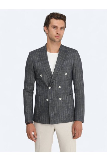 İndigo Çizgili Slim Fit Keten Karışımlı Ceket