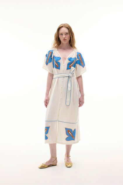 Rochie cămașă midi în formă de A, cu curea și broderie, ecru, pentru femei