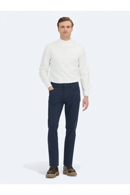 Navy Blue Plain Woven Slim Fit Sports Cotton Blend Trousers