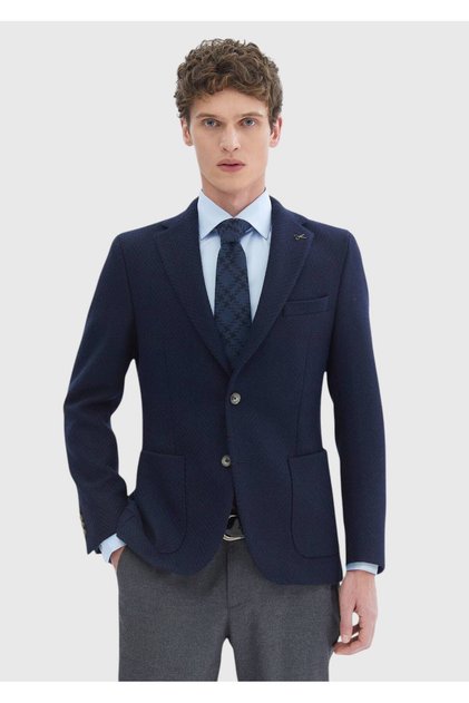 Lacivert Desenli Shirt Shoulder Slim Fit Yün Karışımlı Örme Ceket