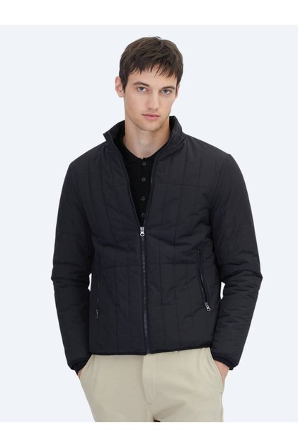 Black Regular Fit Stand Collar Casual Woven Coat
