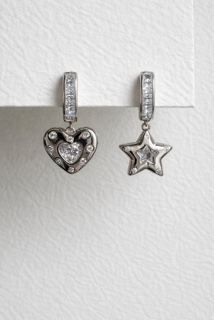 Steel Silver Stone Archie Star and Heart Icon Earrings - Does Not Tarnish