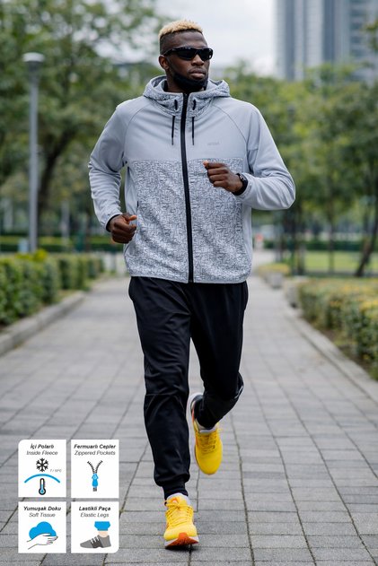 Gray Scuba Diving Fabric with Fleece Inside K Hooded Men's Tracksuit Set with Zippered Pockets and Elasticated Legs