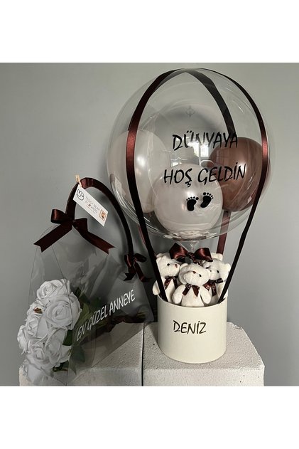 Kişiye Özel Yenidoğan Balon Kutusu & Çantada Güller Anne Bebek Hediye Set