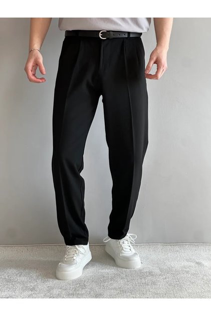 Erkek Siyah Baggy Kalıp Kumaş Pantolon Günlük Şık Casual