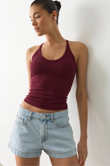 Burgundy Basic Body-Fitting Sleeveless Women's Tank Top Mg2639