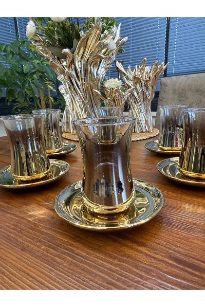 Titanium Coated Duru Tea Set 12 Pieces - 6 Cups - 6 Plates Tea Set