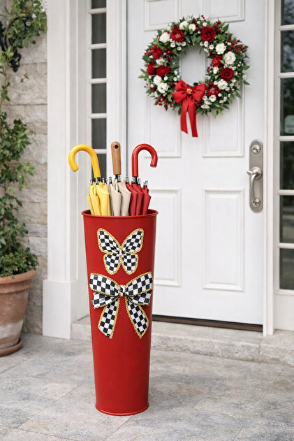 Metal Şemsiyelik Ayakkabı Çekecekliği Kapı Dekoru Mackenzie Model Saksı Kurdele Kelebek 40 cm