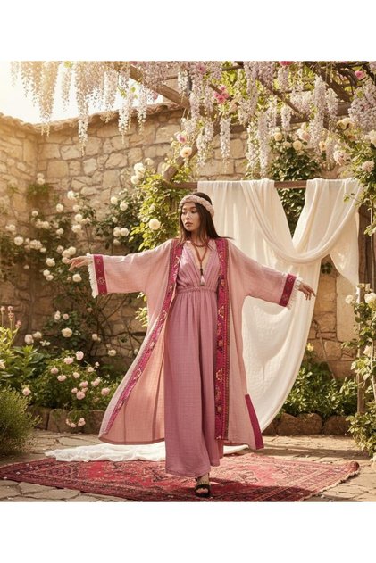 Tarsus Kilim Bordürlü Bohem Tasarım Kaftan / Kimono Pembe