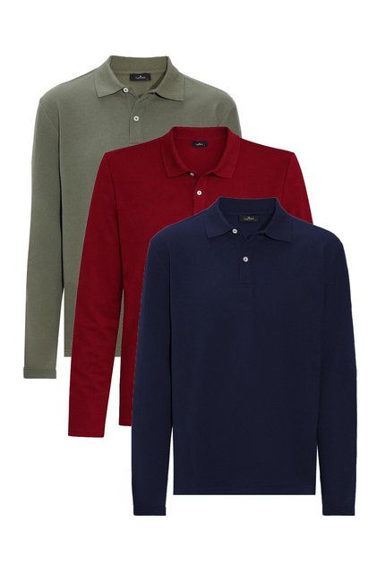 Erkek 3'lü Pkt Lacivert-Bordo-Haki Standart Fit Normal Kesim Pamuklu Pike Uzun Kol Sweatshirt