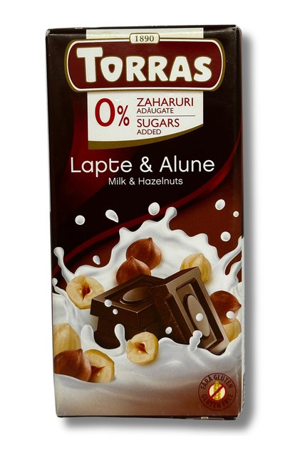 Ciocolată cu lapte și alune, fără zahăr și fără gluten, 75g