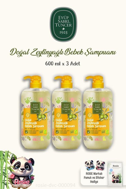 3 Pieces of Eyüp Sabri Tuncer Natural Olive Oil Baby Shampoo 600 ml and ROSIE Cotton