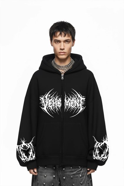Vehement Printed Zippered Zip Hooded Unisex Black Sweatshirt
