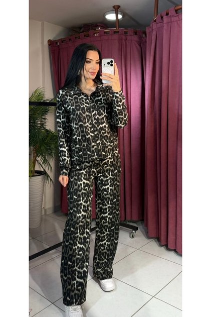 Costum leopard cu fermoar pentru femei, cu guler, pantaloni palazzo/NEGRU