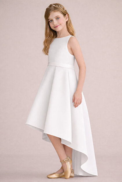 nsmkidslife Girl's White Asymmetrical Skirt Detailed Simple Stylish Satin  Graduation Birthday party Dress- Trendyol