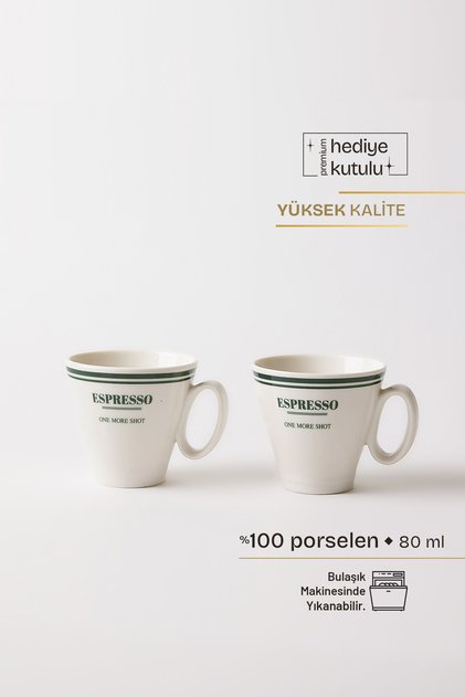 One More Shot Green Üzeri Yazılı 2 Parça Porselen Espresso Kahve Fincanı 80 ml - Yeşil Yeşil