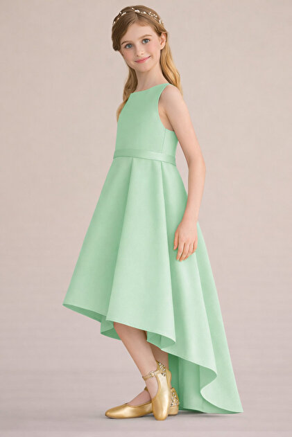 nsmkidslife Girl's Mint Green Asymmetrical Skirt Detailed Simple Stylish  Satin Ball Gown Birthday Prom Graduation Dress- Trendyol