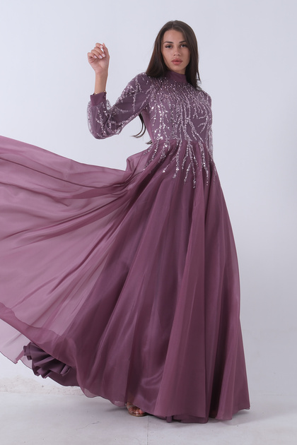 Sequin Bead Embroidered Hijab Evening Dress Lavender 6502450