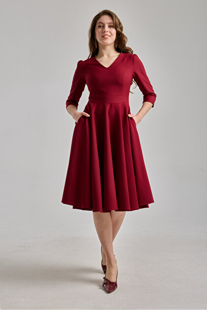 MAG FASHON Plus Size Evening Dress Graduation Dress Wedding Dress  Engagement Dress V-Neck Three Quarter Sleeve with Pockets- Trendyol
