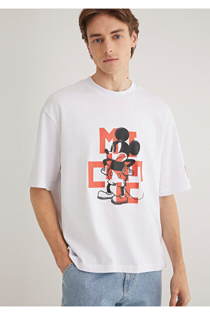 Mavi Mickey Mouse Baskılı Beyaz Tişört Boxy Fit 0612561-620