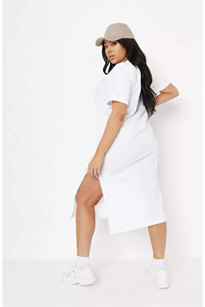Plus Size Women's Short Sleeve Side Slit Detailed Midi Length Basic Dress -K4 241
