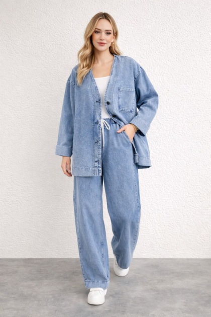 Women's Oversized Denim Set – Light Blue with Elastic Wide-Leg Pants