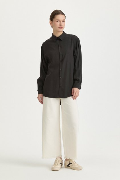 Modal Vintage Gömlek Yaka Basic Tunik Siyah