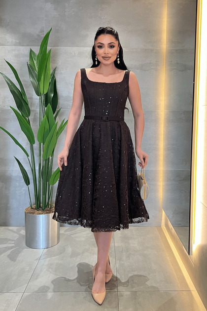 giyimmasal Lace Sequin Fabric Midi Dress with Underwire Detail - Brown-  Trendyol