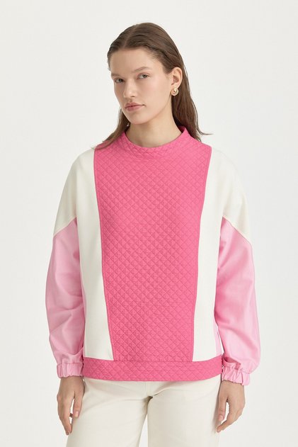 İnce Kapitone Renk Bloklu Sweat Pembe